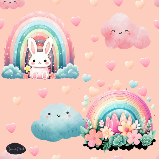 seamless repeat pattern- kawaii bunnies with rainbows- exclusiv pattern